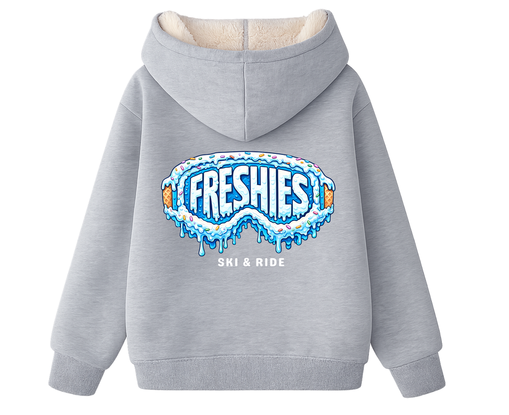 Gray hoodie with drippy birthday goggles 'Freshies Ski & Ride' logo on a white background