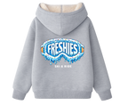 Gray hoodie with drippy birthday goggles 'Freshies Ski & Ride' logo on a white background