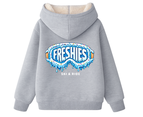 Gray hoodie with drippy birthday goggles 'Freshies Ski & Ride' logo on a white background
