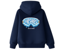 Navy blue hoodie with drippy birthday goggles 'FRESHIES' logo on the back 
