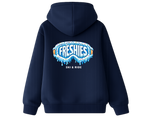 Navy blue hoodie with drippy birthday goggles 'FRESHIES' logo on the back 