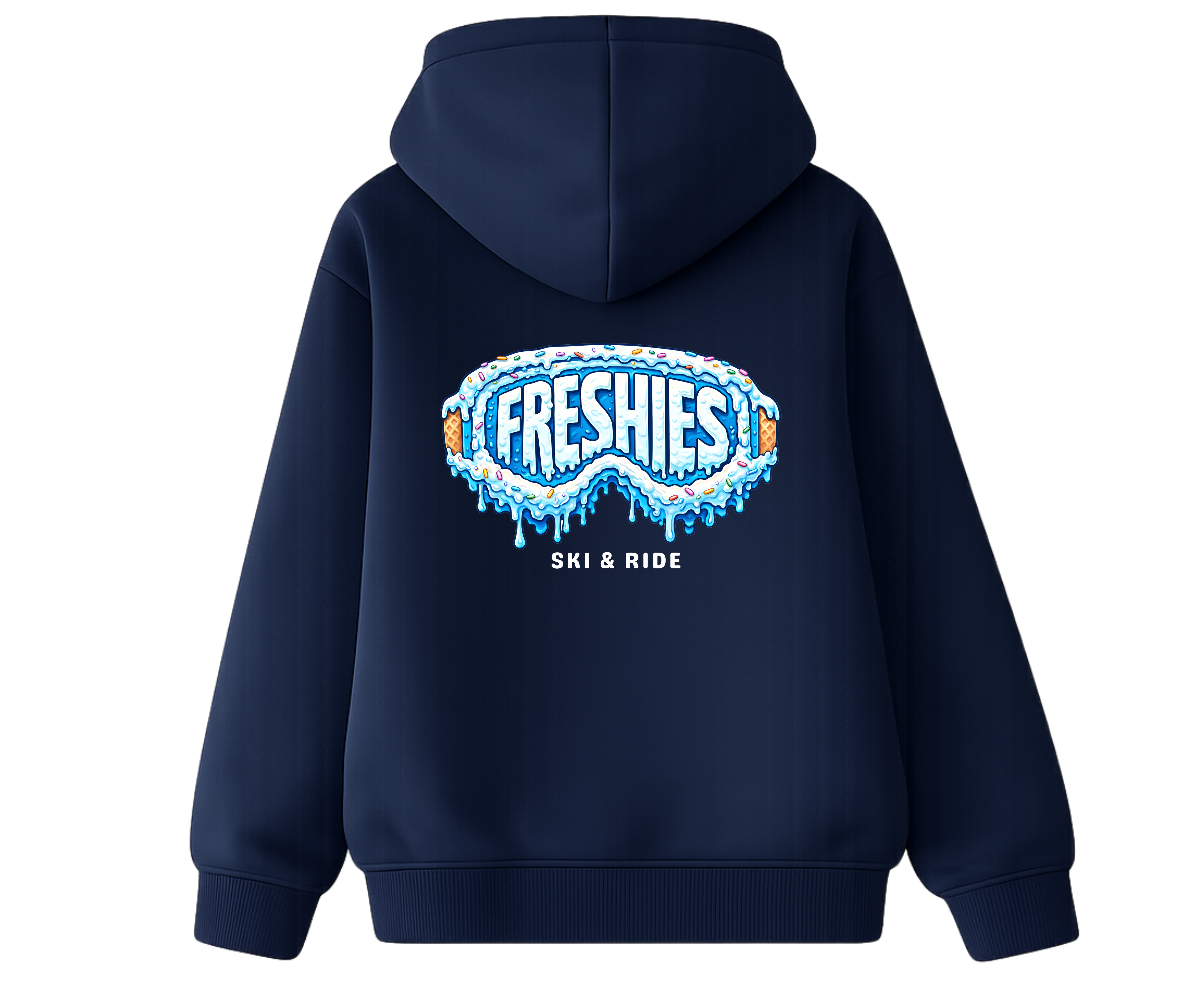 Navy blue hoodie with drippy birthday goggles 'FRESHIES' logo on the back 