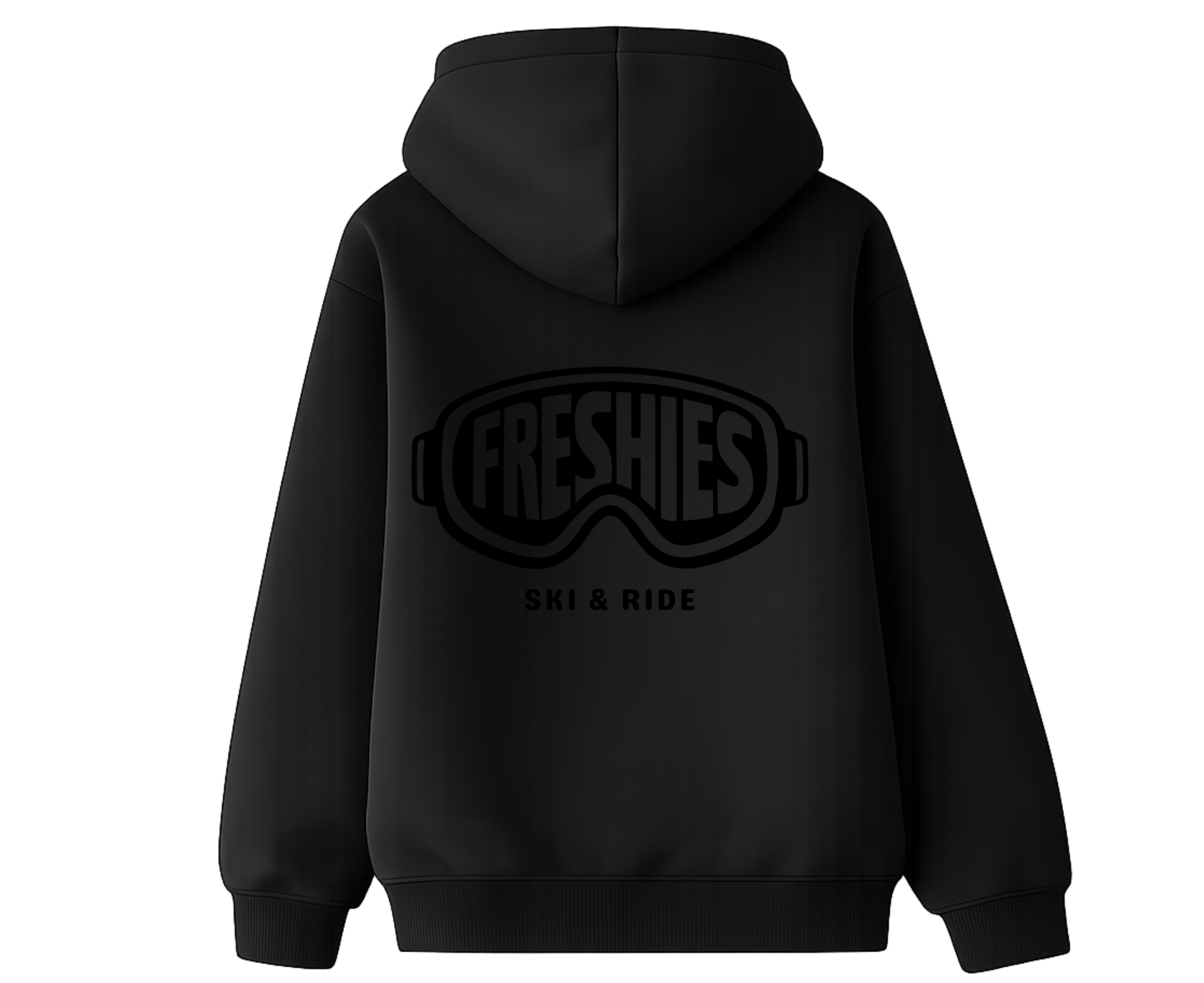 Black hoodie with black 'FRESHIES' logo on the back 