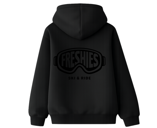 Black hoodie with black 'FRESHIES' logo on the back 