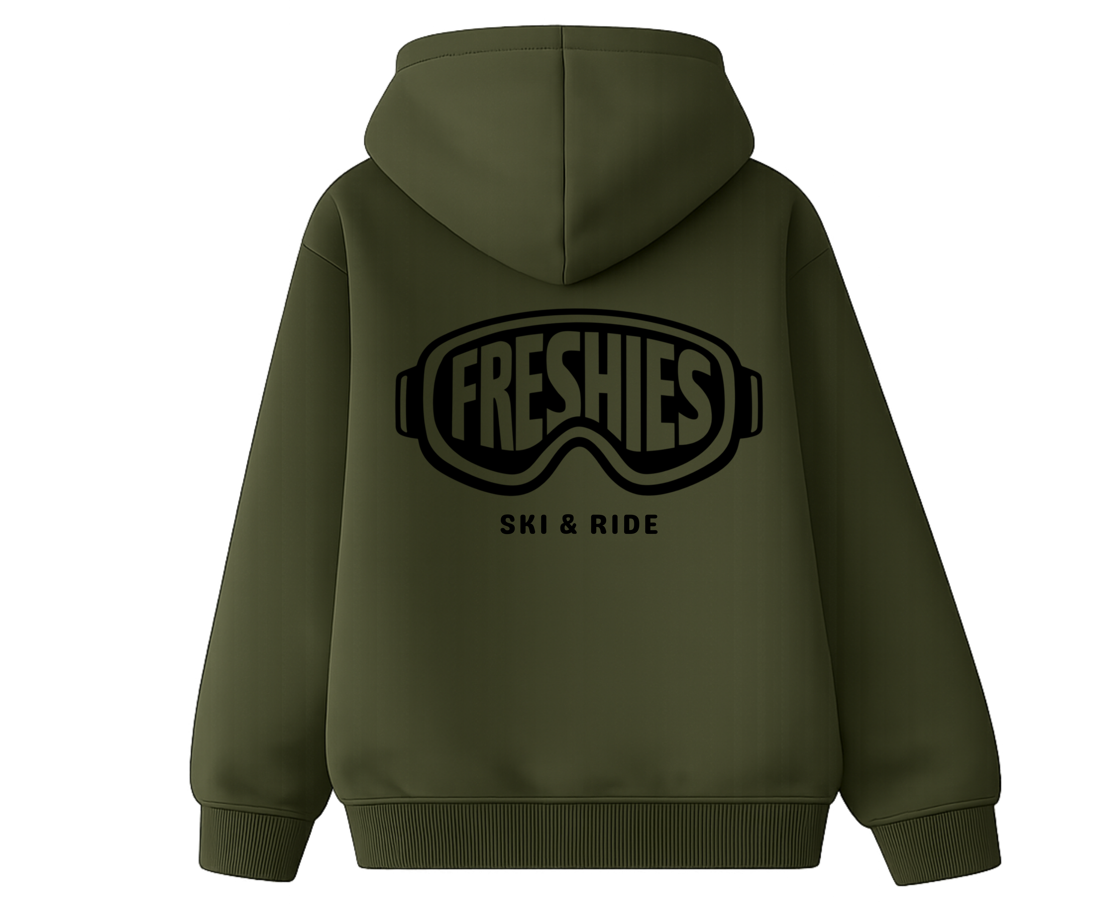 Green hoodie with 'Freshties Ski & Ride' logo on the back