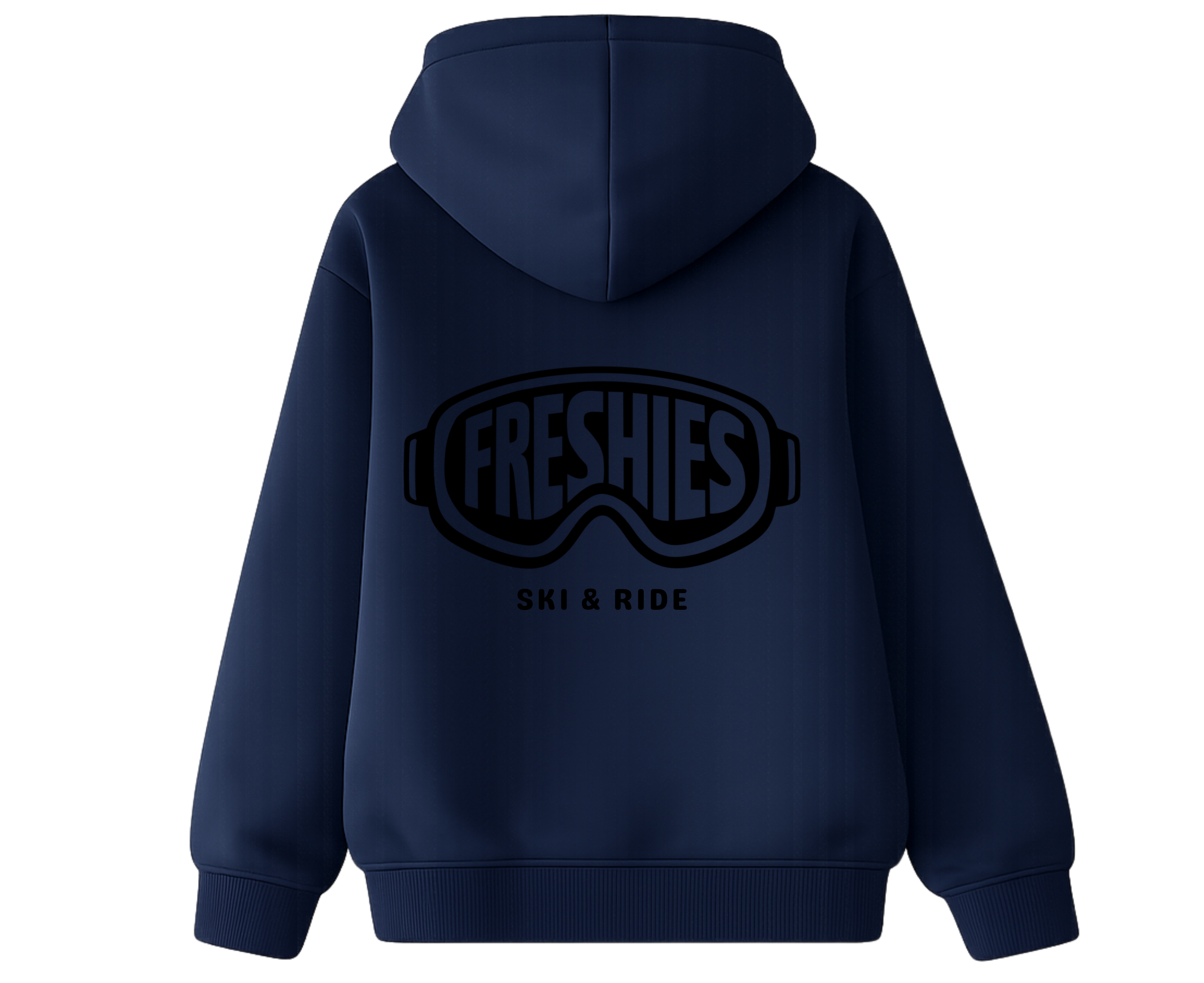 Navy blue hoodie with 'FRESHIES SKI & RIDE' text on the back
