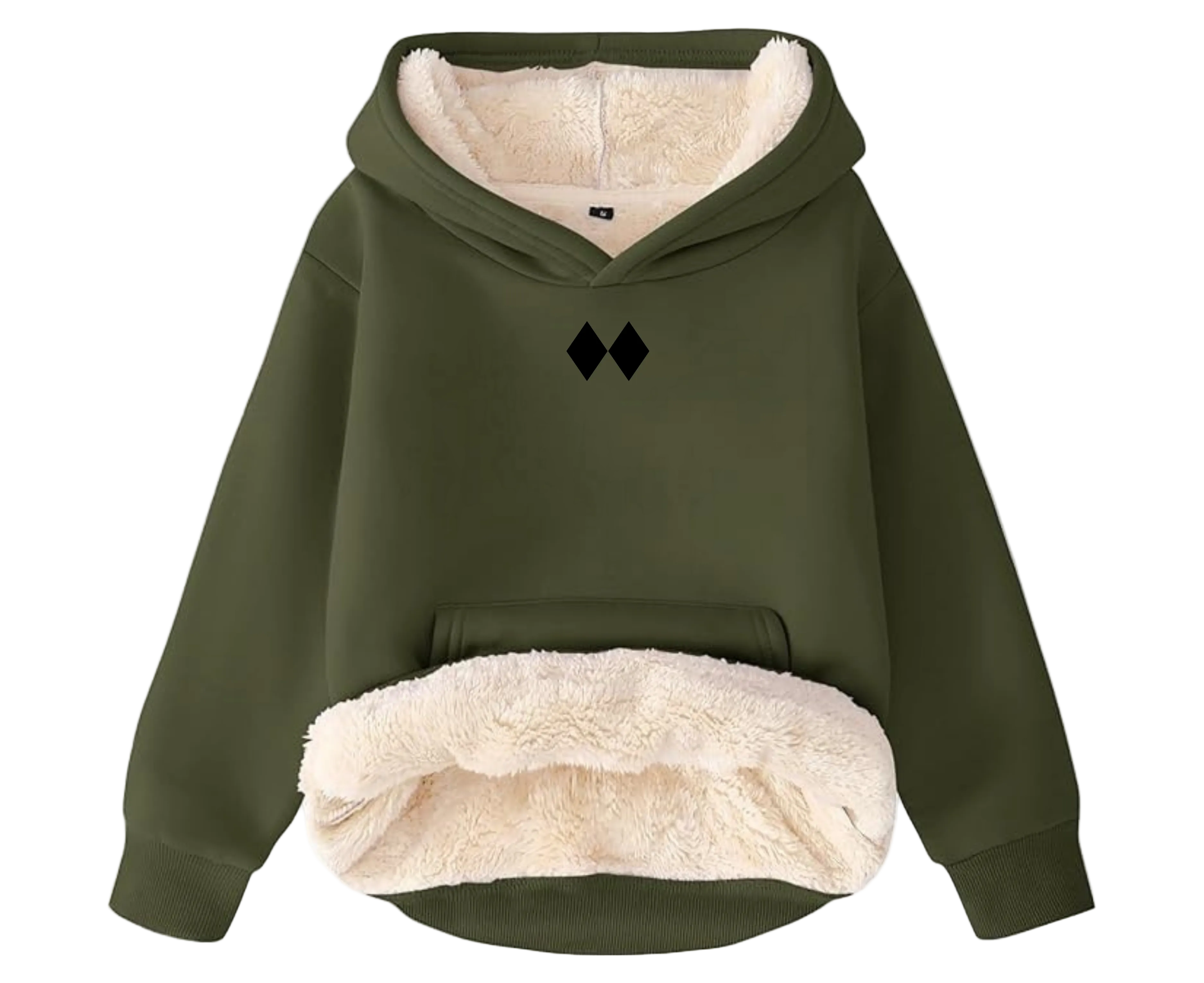 Green hoodie with black double diamond logo on sherpa lining on a white background
