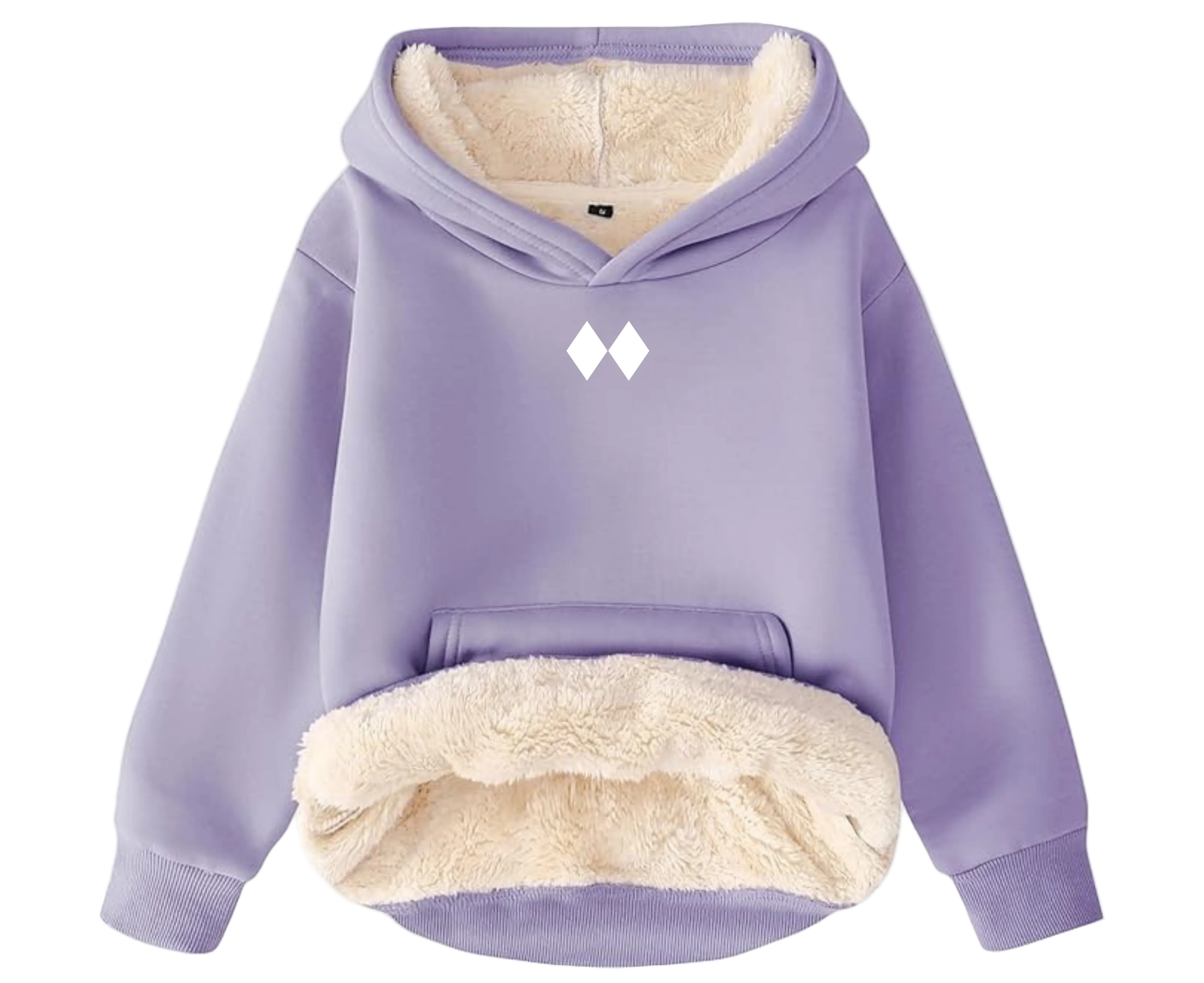Purple hoodie with white logo and cream sherpa lining on a white background