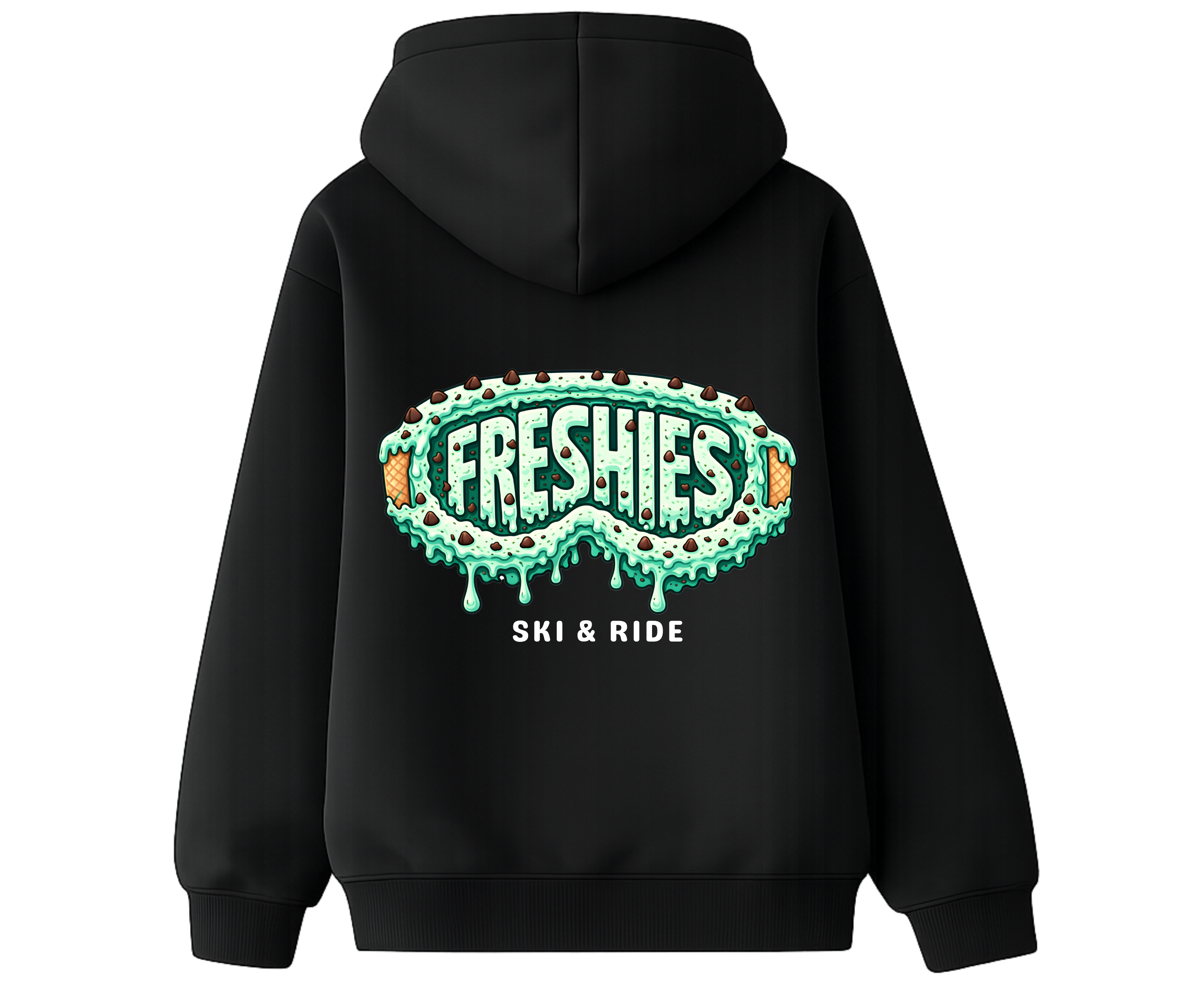Black hoodie with Mint Chip drippy goggle design with 'FRESHIES' and 'Ski & Ride' text on the back