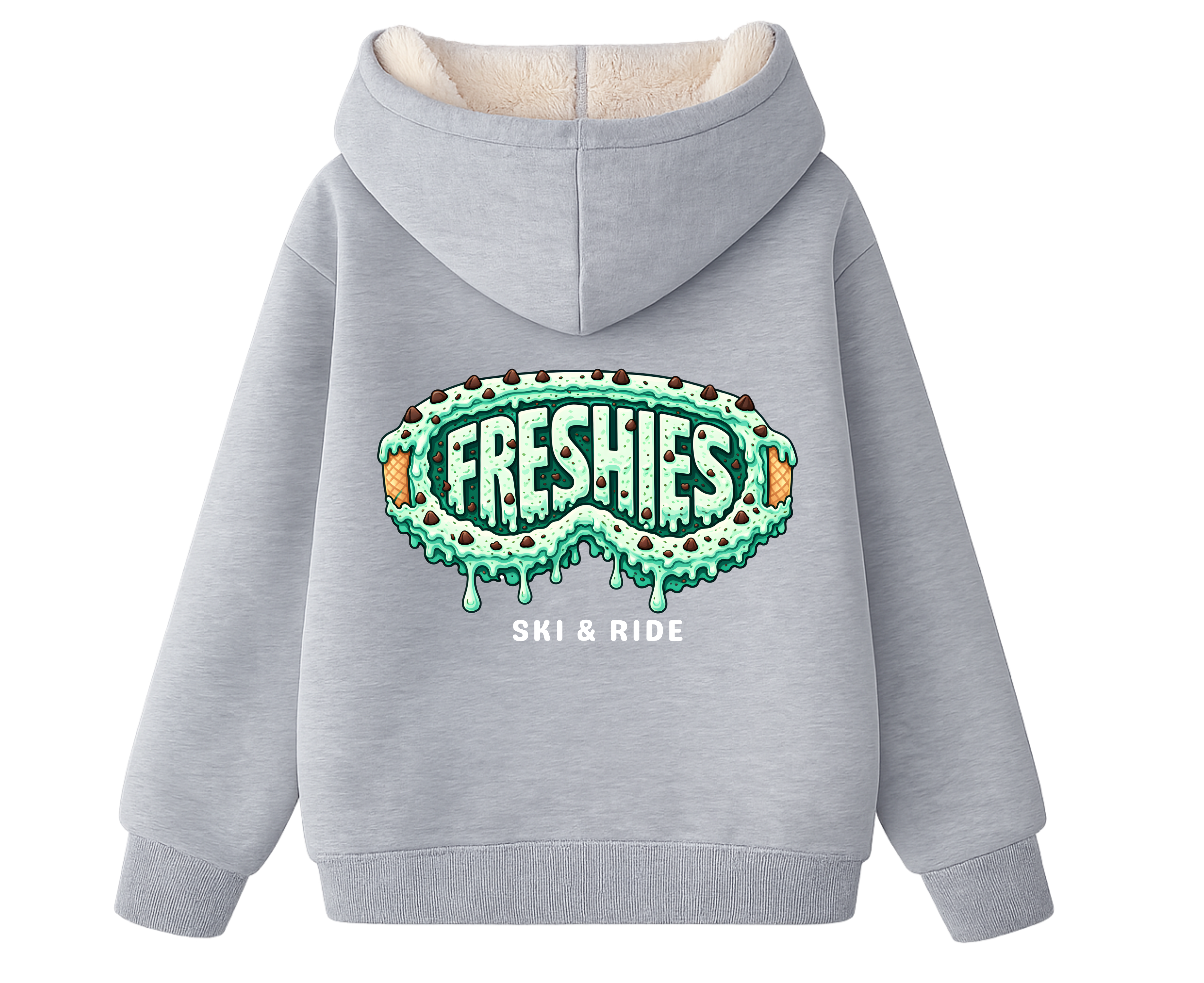 Gray hoodie with mint chip drippy goggle design and  'Freshies' graphic on the back 