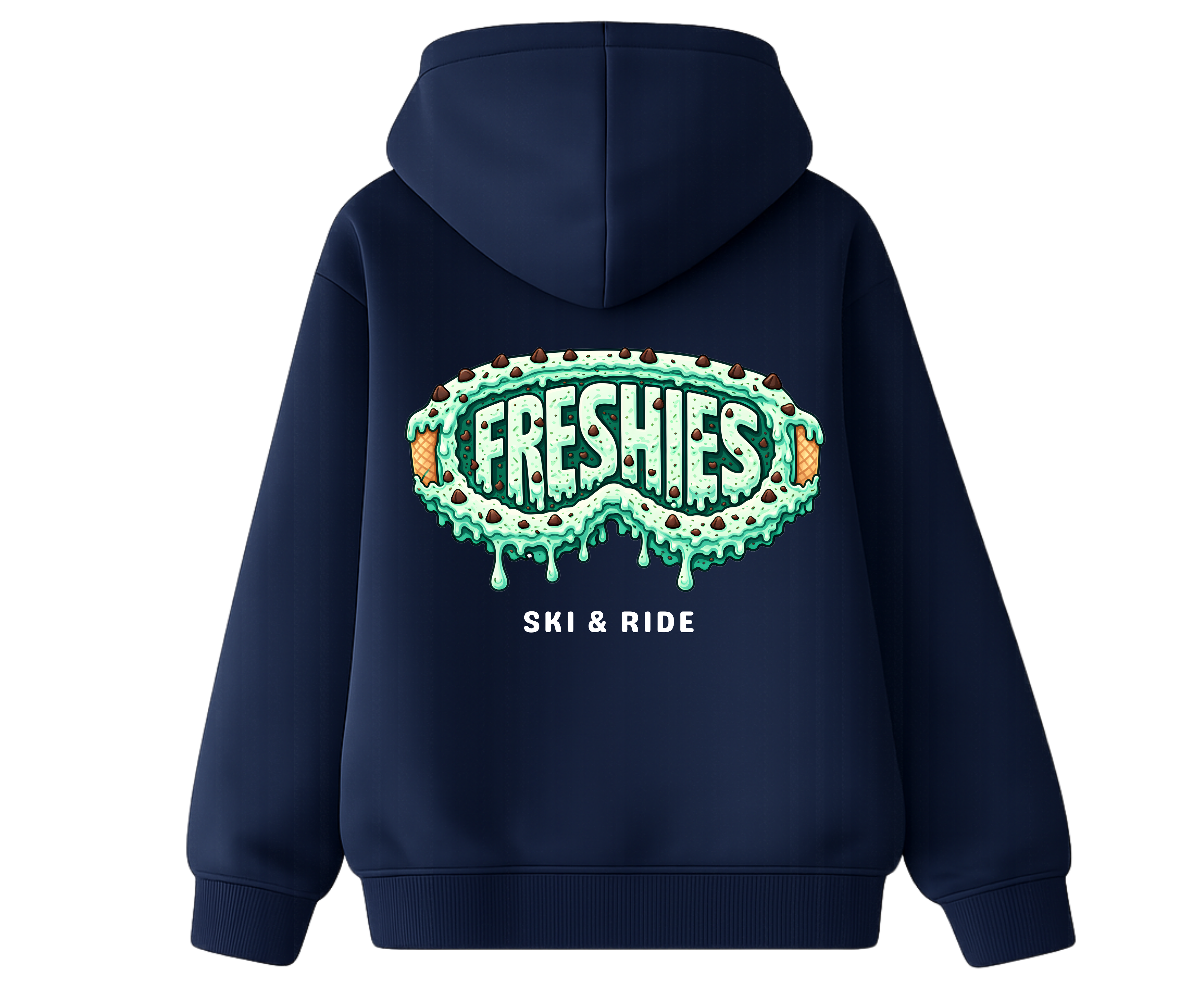 Navy blue hoodie with mint chip drippy goggle design with  'FRESHIES' and 'SKI & RIDE' text on the back