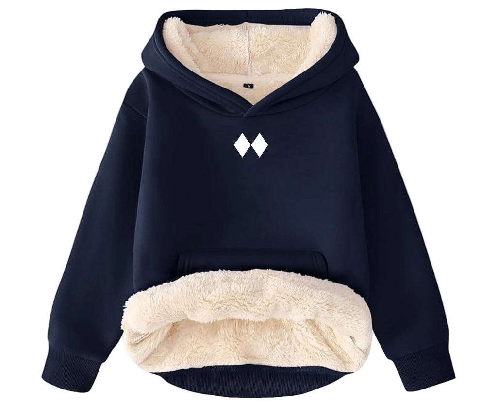 Navy blue hoodie with beige fleece lining on a white background