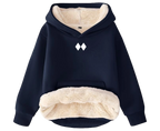 Navy blue hoodie with beige fleece lining on a white background