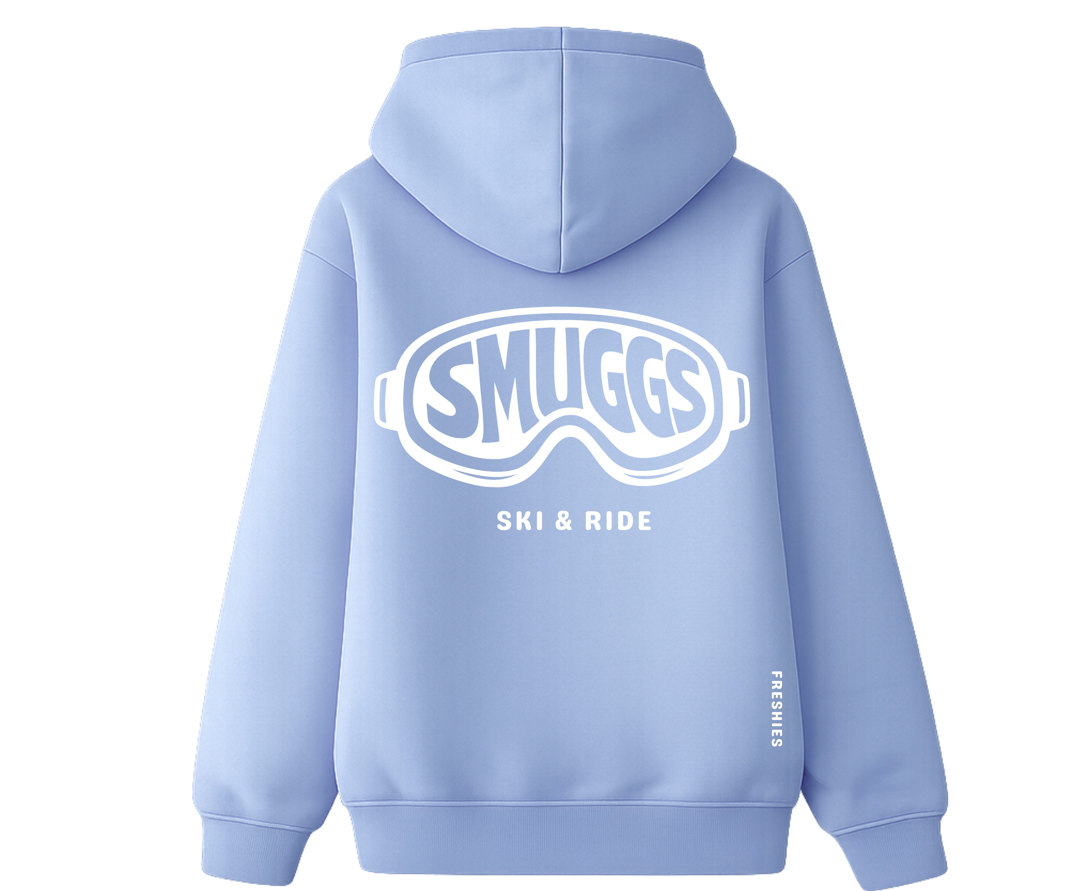 Light blue hoodie with 'Smuggs' logo on the back 