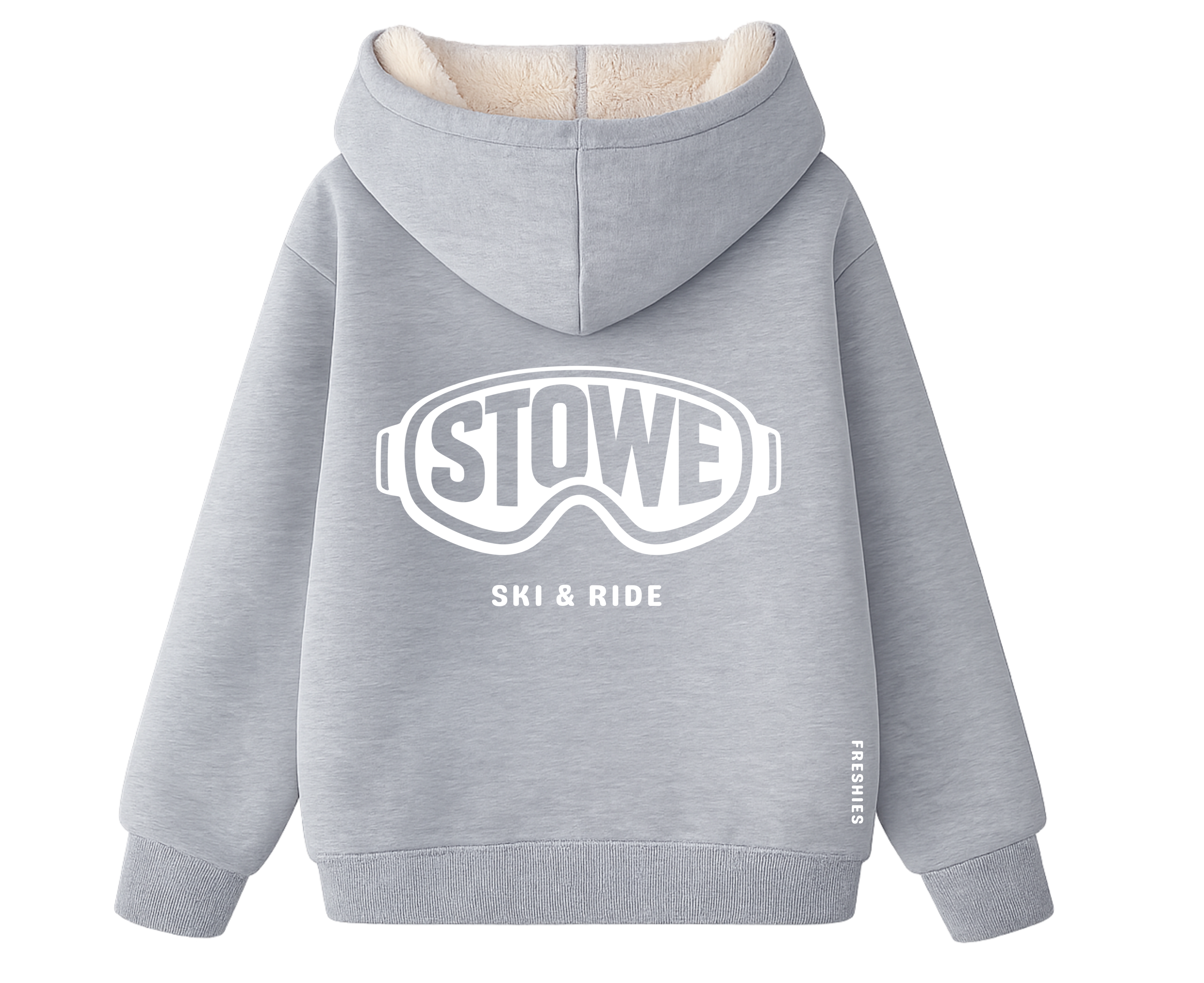 Gray hoodie with 'STOWE SKI & RIDE' logo 