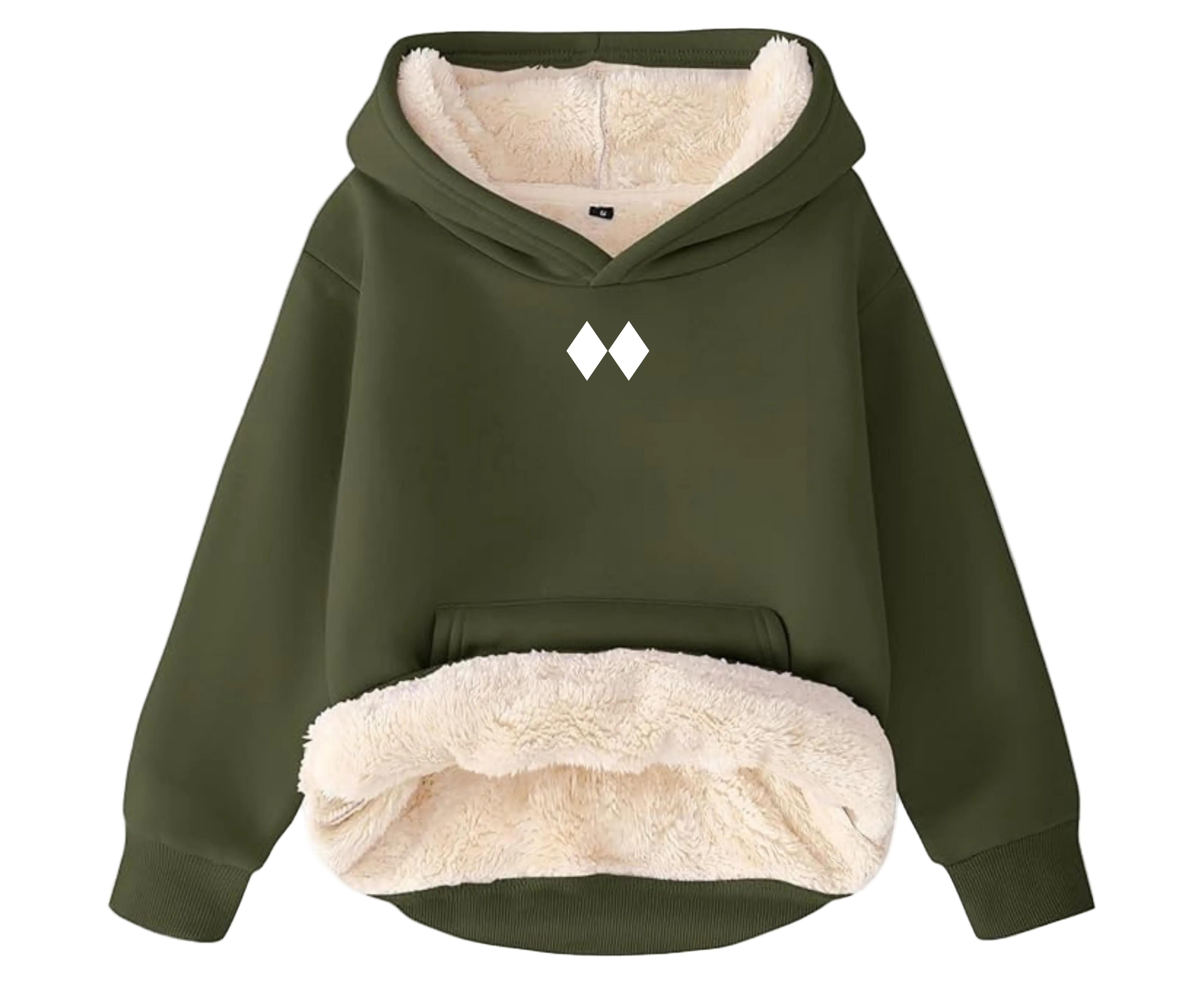 Green hoodie with white sherpa lining on a white background
