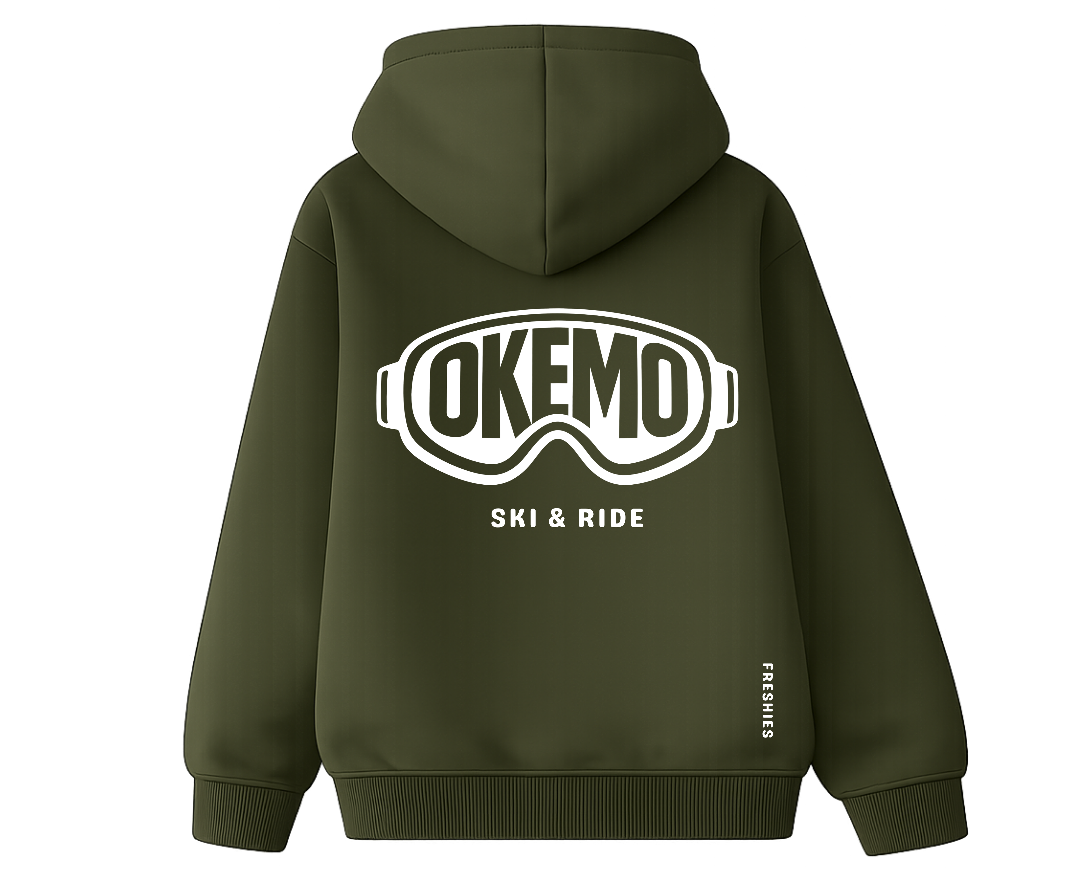 Green hoodie with 'OKEMO SKI & RIDE' logo on the back 