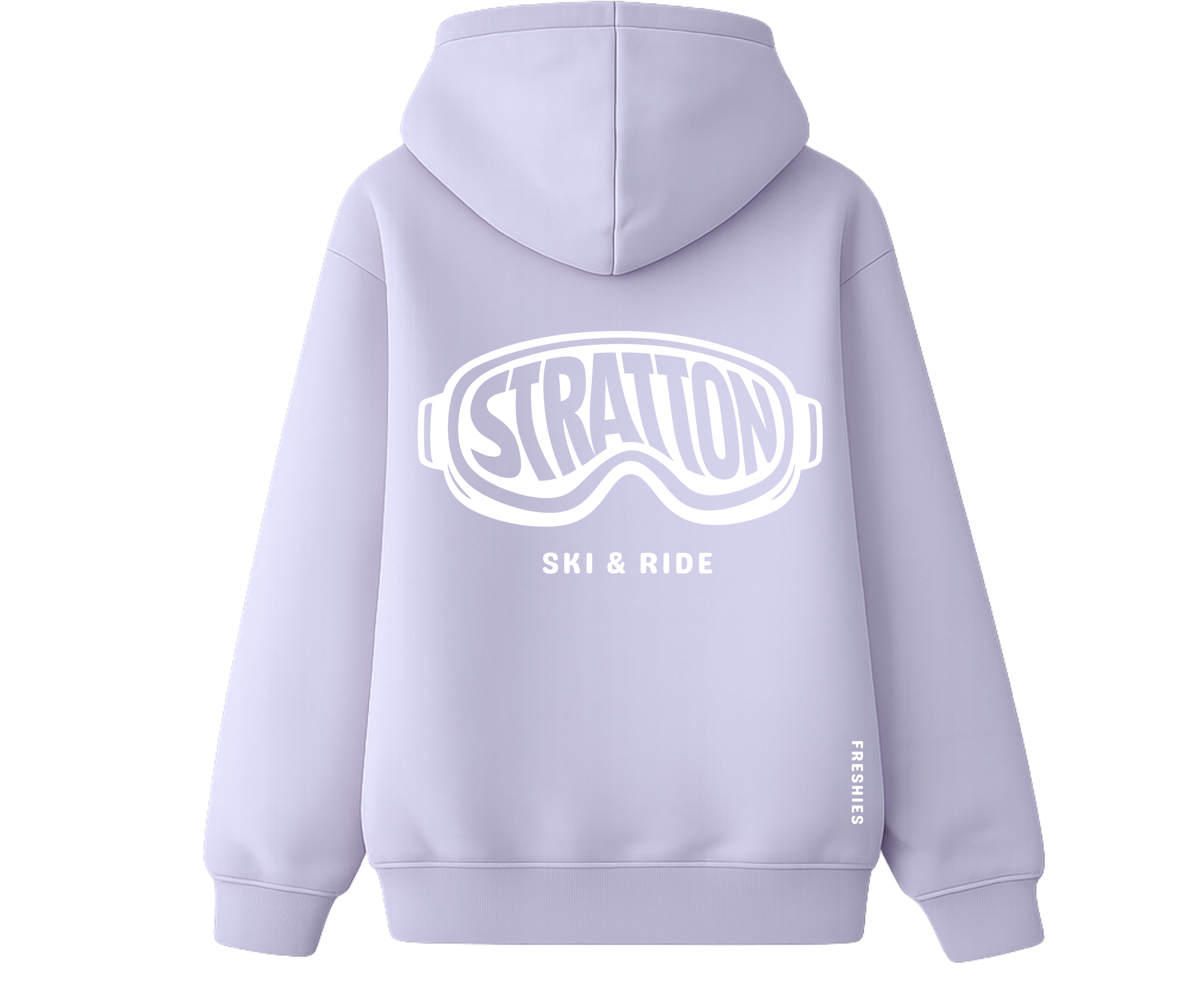 Lavender hoodie with "Stratton' text on the back