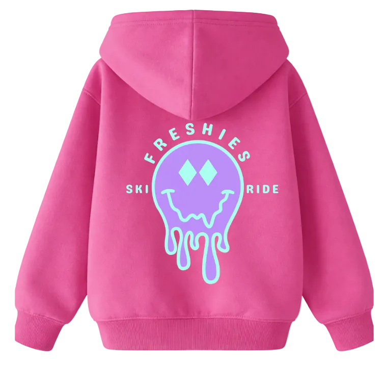 Pink hoodie with a graphic design on the back against a white background