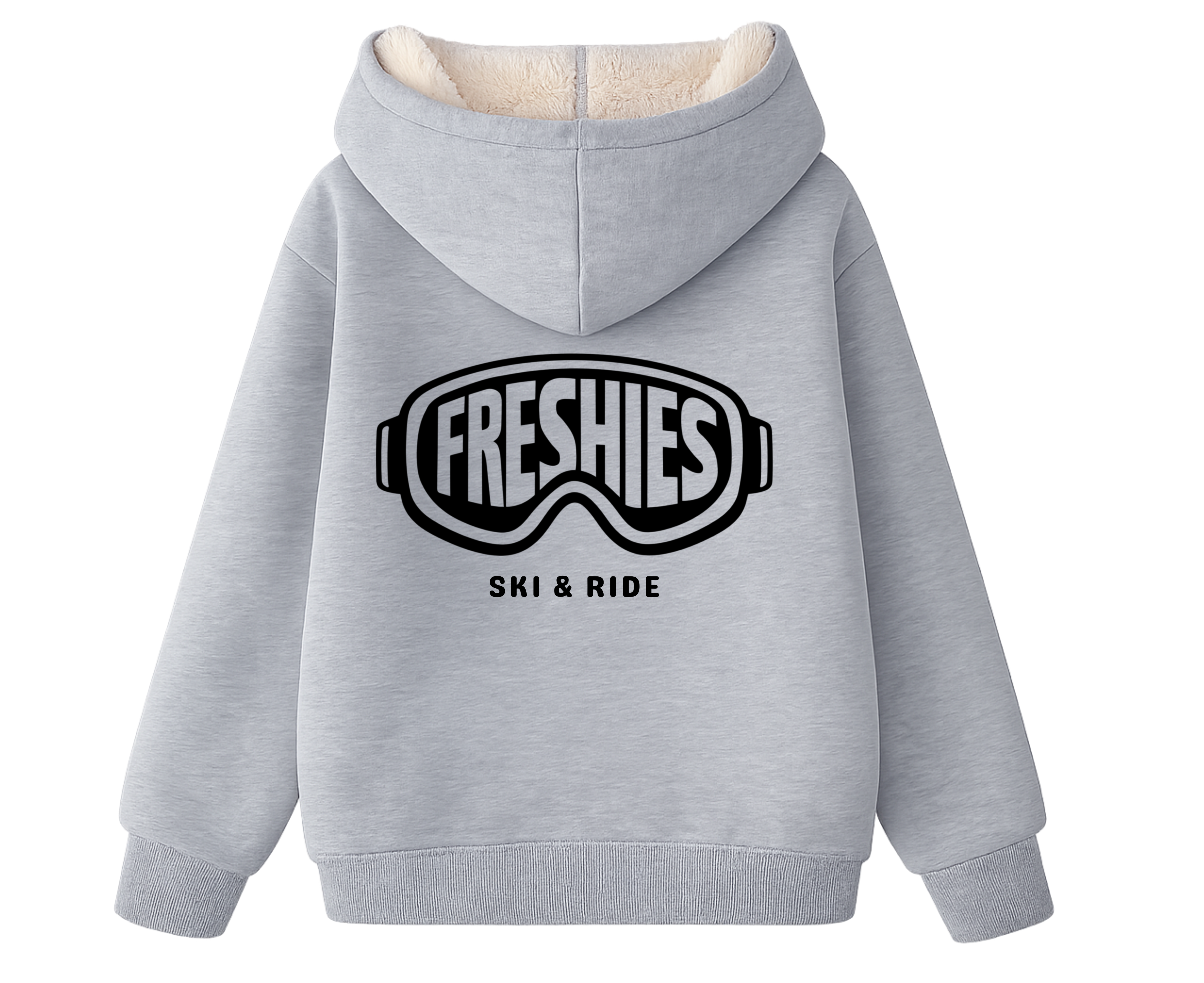 Gray hoodie with black 'Freshies Ski & Ride' text 