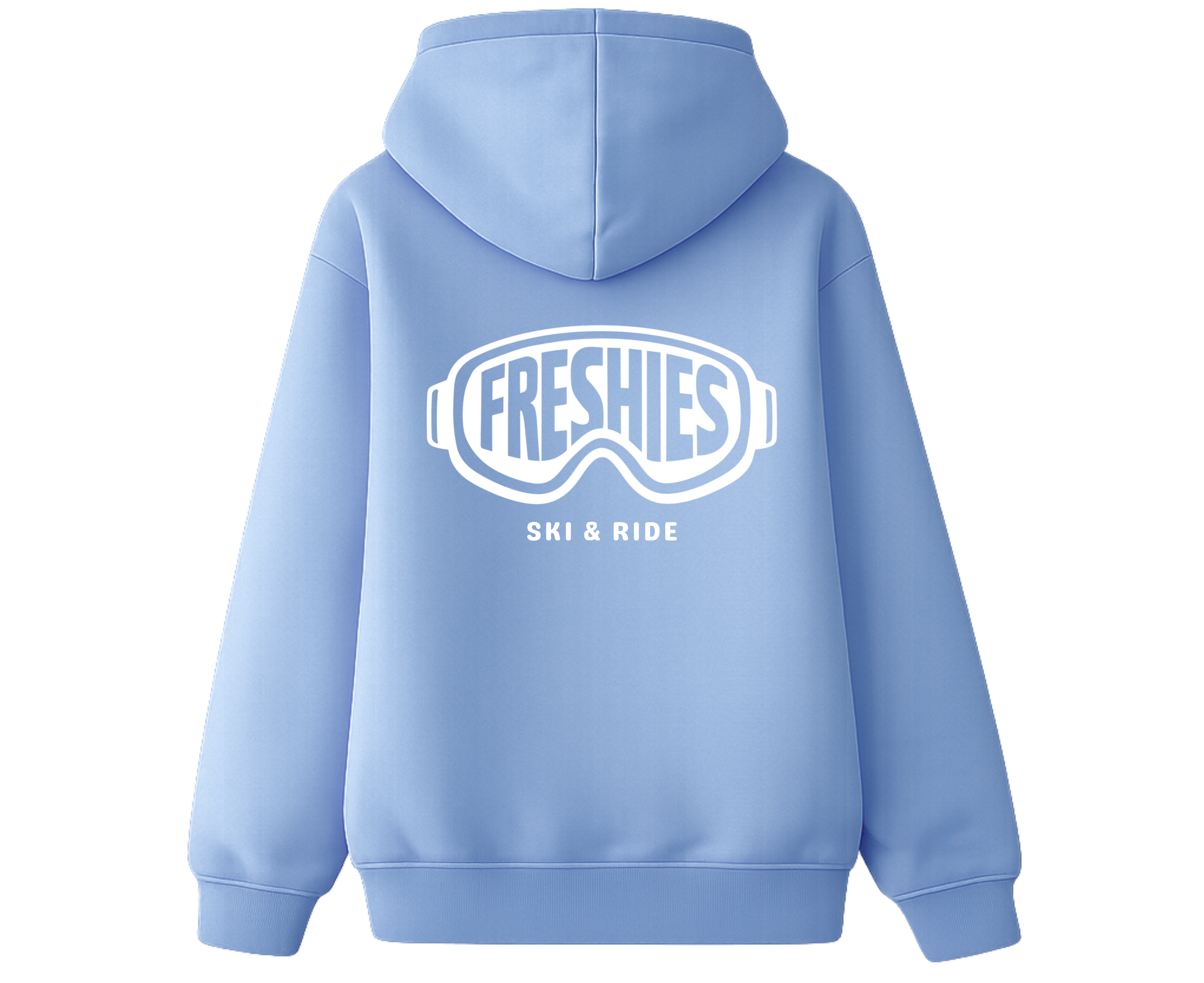 Light blue hoodie with 'FRESHIES SKI & RIDE' text on the back against a white background
