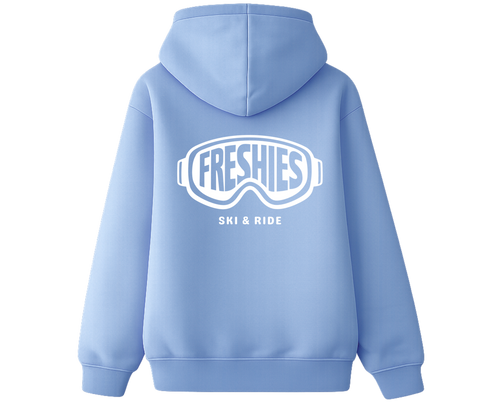 Light blue hoodie with 'FRESHIES SKI & RIDE' text on the back against a white background