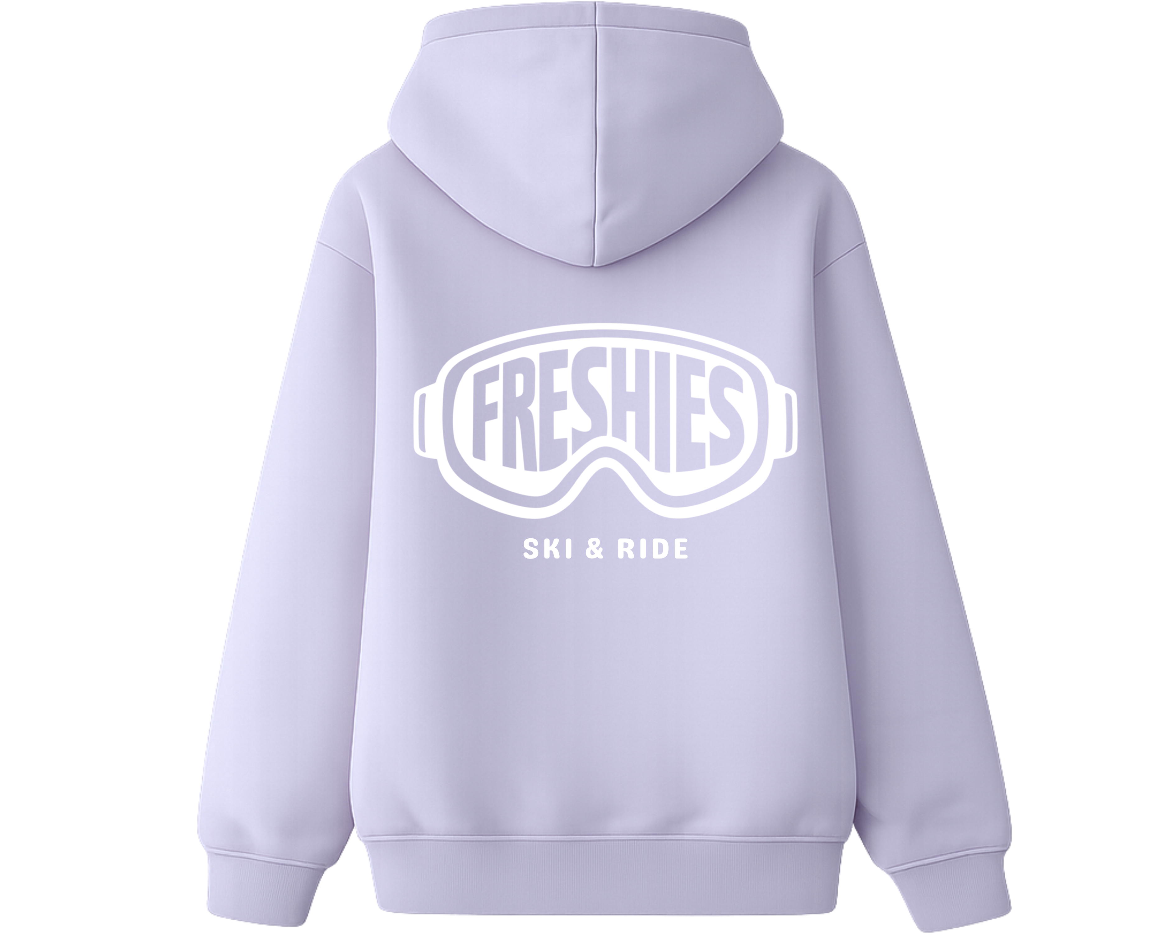 Lavender hoodie with 'Freshies Ski & Ride' text on the back against a white background