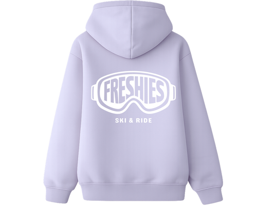 Lavender hoodie with 'Freshies Ski & Ride' text on the back against a white background